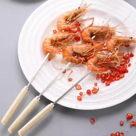 5/10 peças espetos de churrasco anti-escaldante com cabo de madeira podem ser reutilizados 304 espetos de churrasco de metal de aço inoxidável espetos largos
