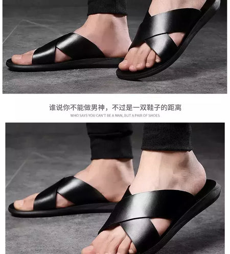 Sandálias para homens chinelos de couro genuíno marca de luxo moda masculina apartamentos casuais antiderrapantes praia sandalia zapatos hombre 2024