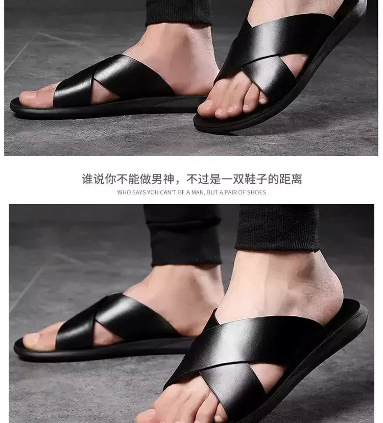 Sandálias para homens chinelos de couro genuíno marca de luxo moda masculina apartamentos casuais antiderrapantes praia sandalia zapatos hombre 2024
