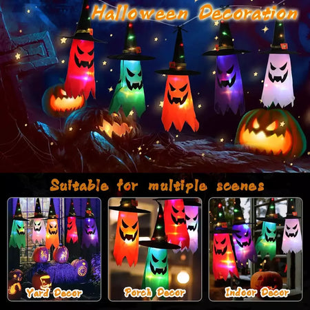 Decorações de Halloween ao ar livre 5 PCS pendurado Halloween iluminado brilhante chapéu de bruxa fantasma com luzes de corda LED para festa jardim