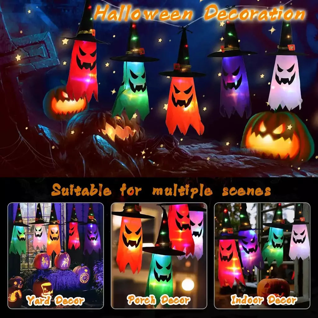 Decorações de Halloween ao ar livre 5 PCS pendurado Halloween iluminado brilhante chapéu de bruxa fantasma com luzes de corda LED para festa jardim