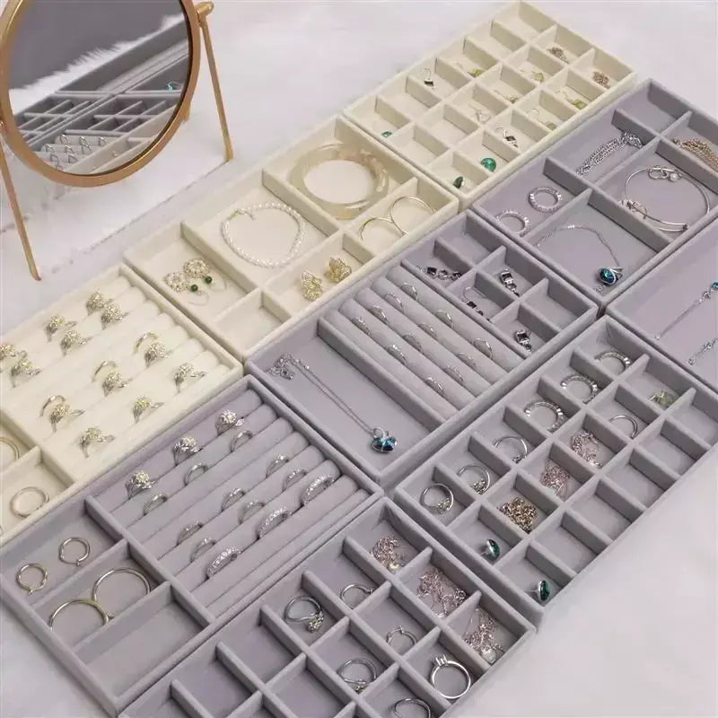Atualizar caixa de armazenamento de jóias de veludo colar empilhável bandeja de exibição pulseira brinco organizadores diy artesanato gaveta caixa cinza