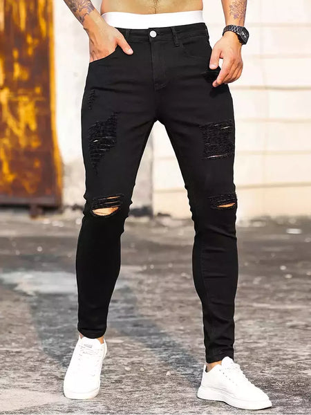 Moda masculina rua rasgado jeans preto puro estiramento apertado pequeno pé lápis calças namorado clube roupas denim ropa hombre