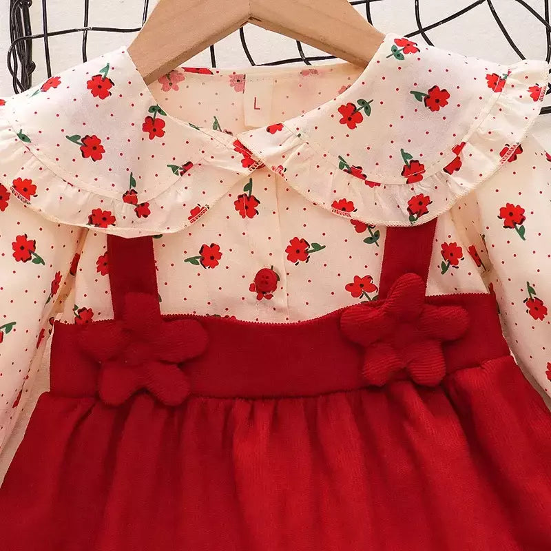 Outono novas meninas recém-nascidas vestido de manga longa dos desenhos animados fragmentado flor lapela bebê vestido de princesa flor cinta vestido