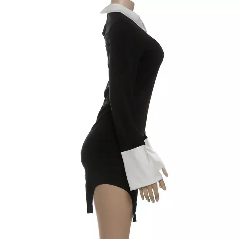 Retro vestido fino outono inverno moda cor bloqueando sexy elegante vestidos de noite manga longa lapela cintura alta roupas femininas