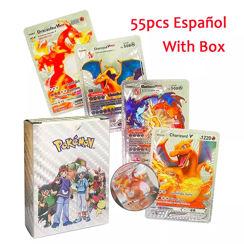 Novo 27-110 pçs cartas pokemon cartões francês inglês espanhol alemão folha de ouro silve cartões charizard vmax gx jogo coleção cartão
