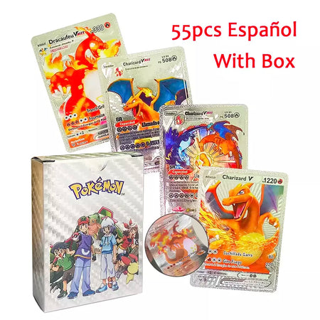 Novo 27-110 pçs cartas pokemon cartões francês inglês espanhol alemão folha de ouro silve cartões charizard vmax gx jogo coleção cartão