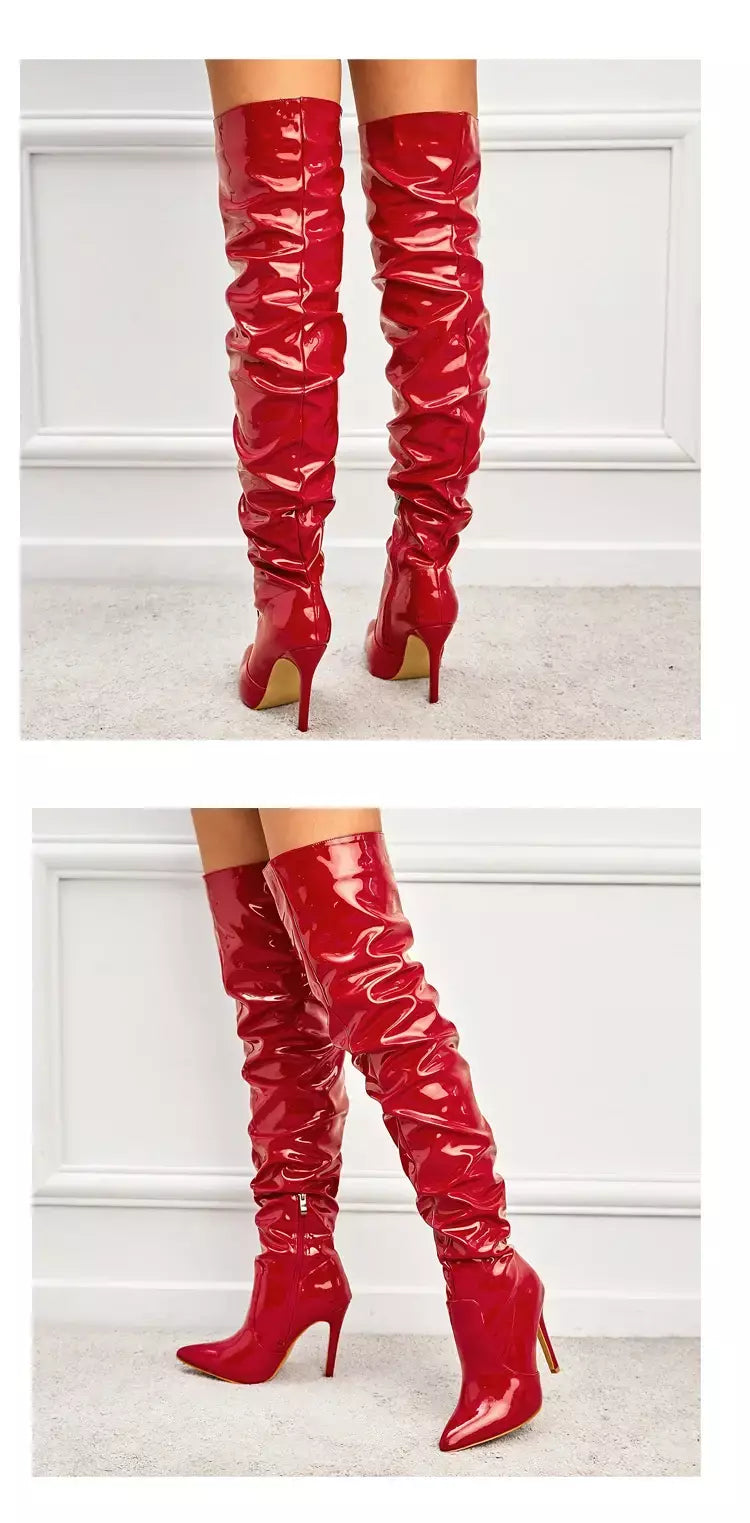 Eilyken-Patent Leather Apontado Toe Salto Alto para Mulheres, Botas Vermelhas Sobre o Joelho, Sapatos de Zíper Lateral, Stiletto Sólido, Calçado Feminino