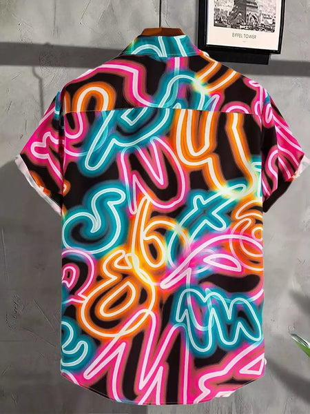 Camisa masculina de lapela estampa estilo néon, camisa casual de manga curta com botão, roupas masculinas, streetwear havaiano, verão