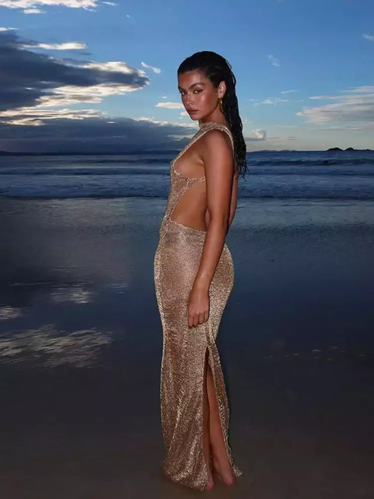 Vestido feminino sexy de lantejoulas sem costas dividido, vestidos longos, monocromático, vestido de festa, elegante, fino, fêmea, chique