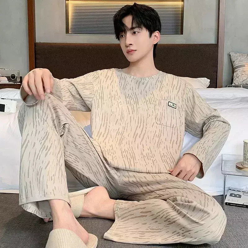 Pijama de algodão de duas peças masculino, calça de manga comprida, traje caseiro, estudante e adolescente, novo outono