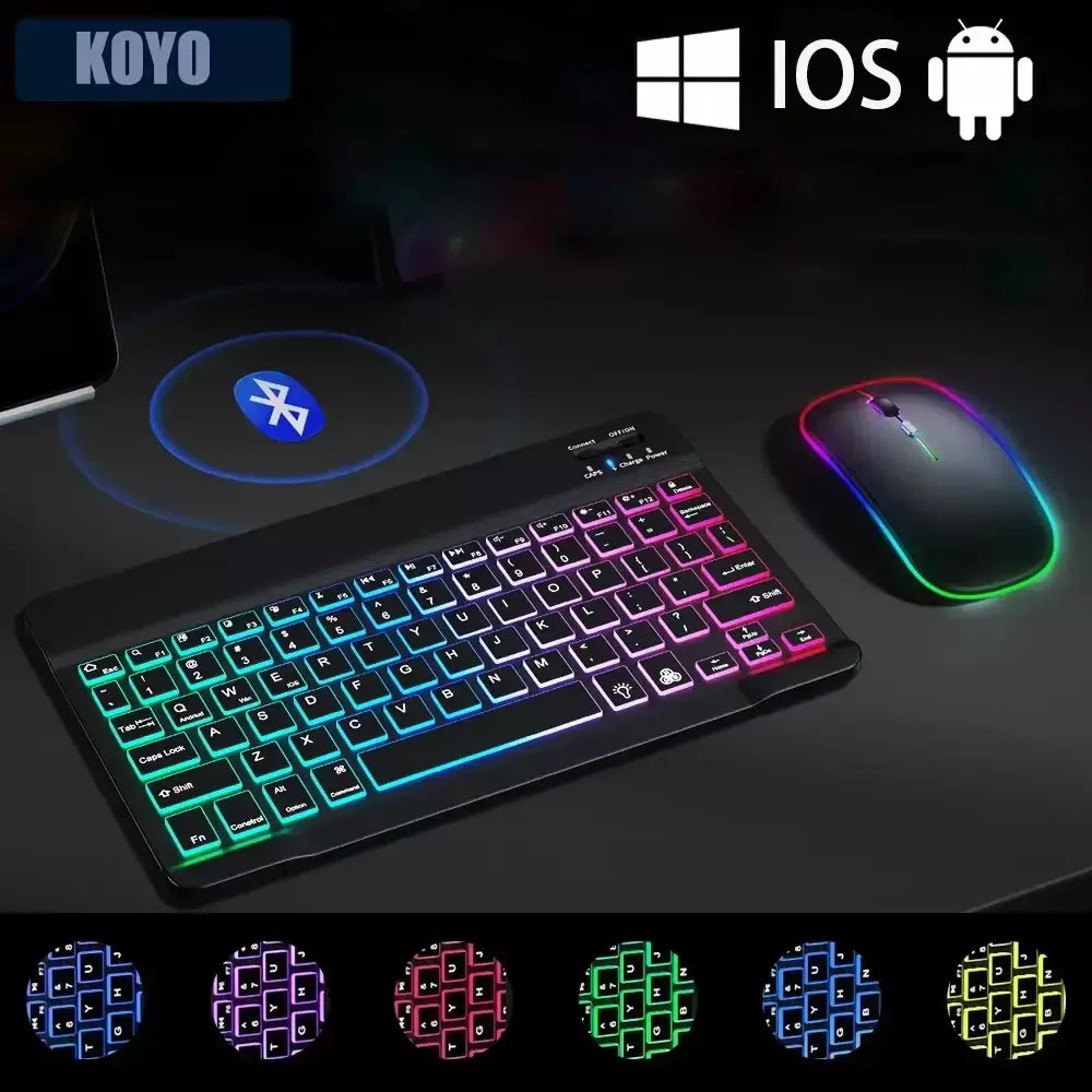 Mini teclado bluetooth retroiluminado rgb de 10 polegadas, mouse sem fio recarregável para espanhol, russo, hebraico, coreano, francês, árabe, portugal