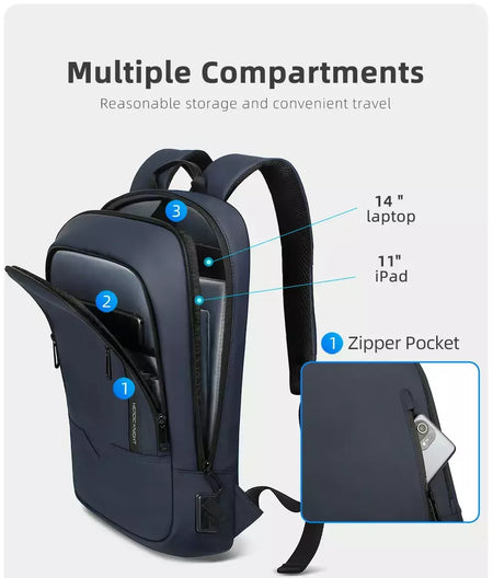 Mochila HK Slim para Homens, Sacos de Laptop, Impermeável, Minimalista, Negócios, Carregamento USB, Casual, Viagem, Trabalho, 15,6";;VERDADEIRO;;"8228-Black