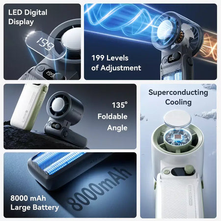 Novo ventilador portátil ao ar livre vento forte 199 engrenagem velocidade do vento led display digital turbo ajustável portátil portátil 8000mah