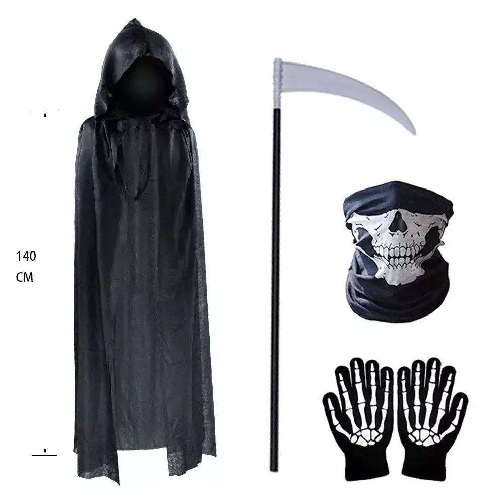 Terror ponto festa de halloween cosplay crianças adulto morte capa preta, halloween morte crânio esqueleto bola traje prop conjunto