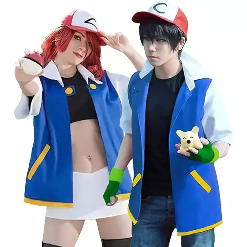 Anime dos desenhos animados cinza ketchum trainer jaqueta azul traje p-pokemoning ir jaqueta azul chapéus luvas para meninos meninas cosplay para festa