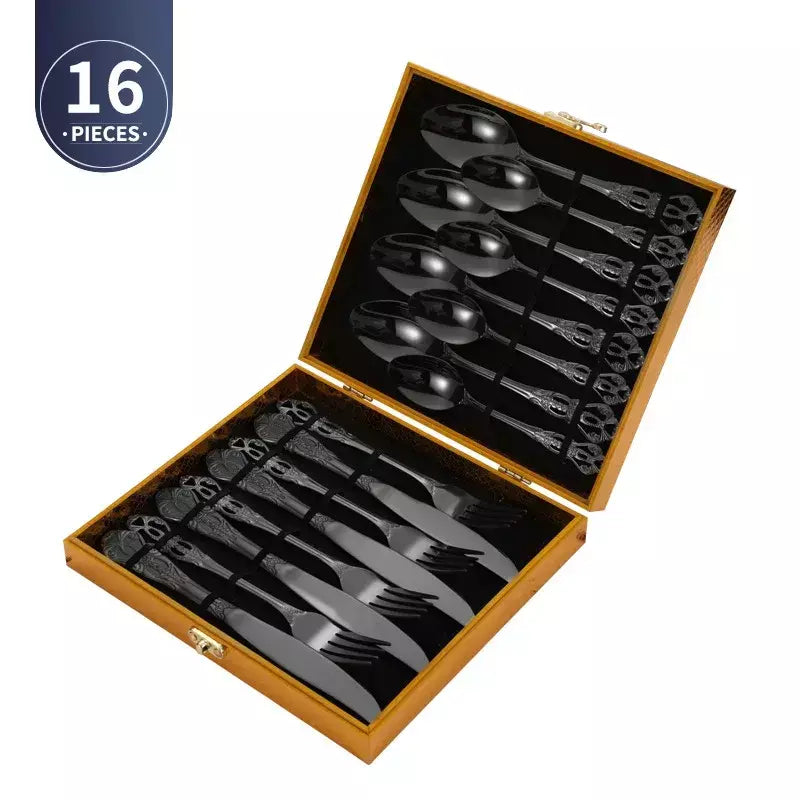 Conjunto de talheres de aço inoxidável dourado, colher europeia real, garfo, talheres completos, design retrô, seguro para máquina de lavar louça, talheres elegantes