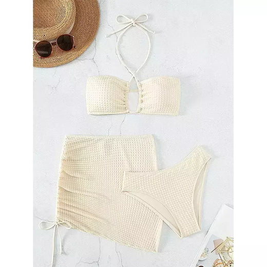 Terno de biquíni sexy cor bege para mulheres, roupa de banho com pescoço pendurado, saia de corda feminina, roupa de praia 3 peças