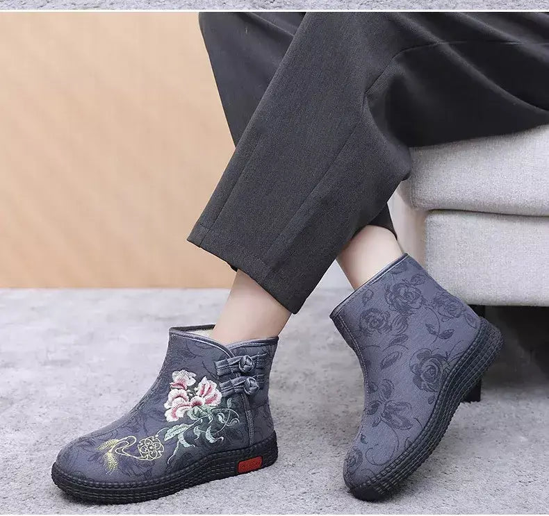 Sapatos de pano de inverno estilo étnico botas mujer sapatos femininos zapatos botas curtas quentes mulher bootie bordado algodão botas femininas