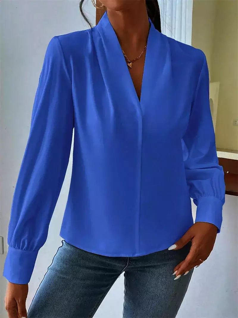 Pulôver de manga comprida com decote V feminino, camisa elegante, estilo britânico, tops urbanos, monocromático, confortável, blusa casual feminina, outono