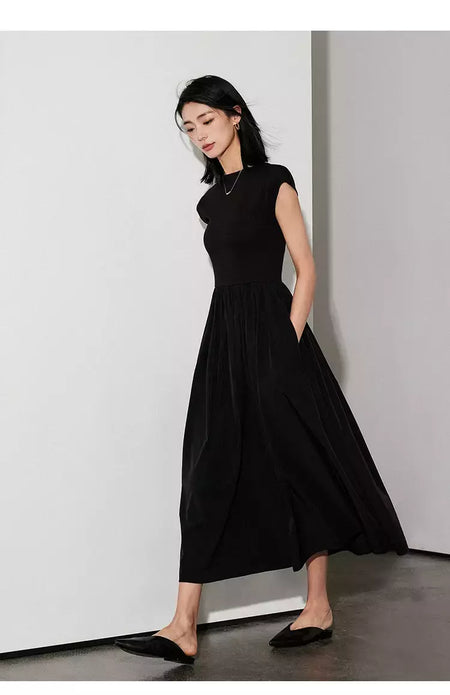 LILYMOON-vestido longo de emenda francês, saia de cintura alta, preto, fino, temperamento, cem, moda, verão