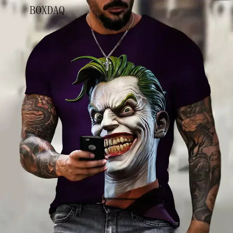 Camiseta masculina de manga curta, solta e casual, com padrão de palhaço aterrorizante, impressa em 3D, tamanho grande 6XL, verão
