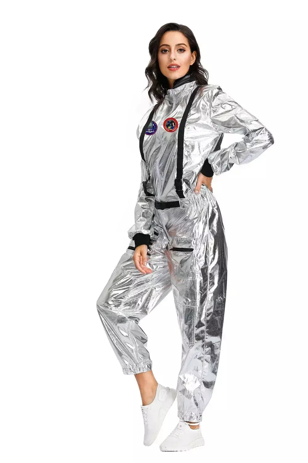 Adulto prata astronauta traje das mulheres dos homens spaceman terno espaço macacão halloween cosplay festa vestir-se