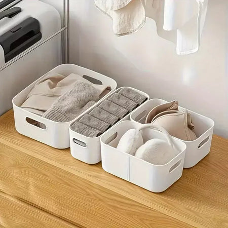 Conjunto de caixa de armazenamento empilhável de 5 peças, recipientes organizadores de plástico retangulares, duráveis, reutilizáveis, para cozinha, banheiro, itens essenciais para dormitório