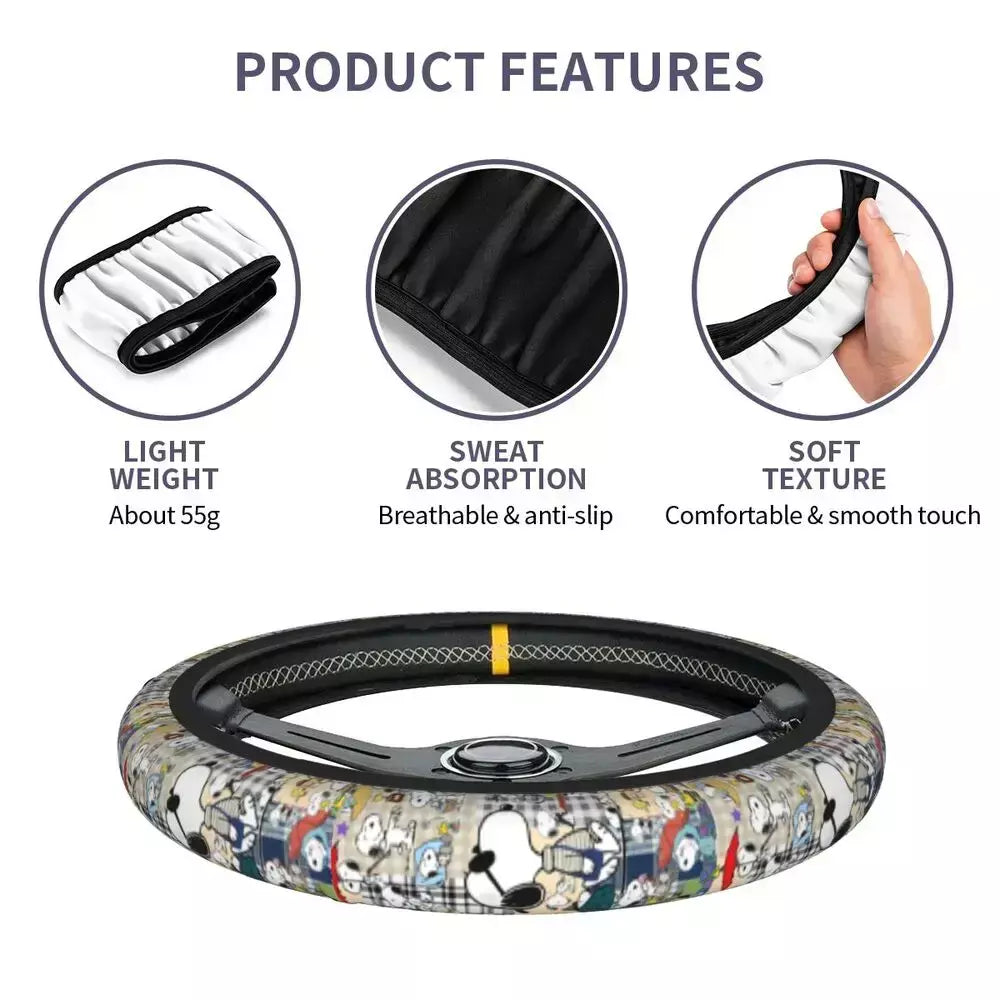 Capa de volante do carro vermelho snoopy woodstock universal trança dos desenhos animados na capa de volante estilo do carro acessórios automóveis