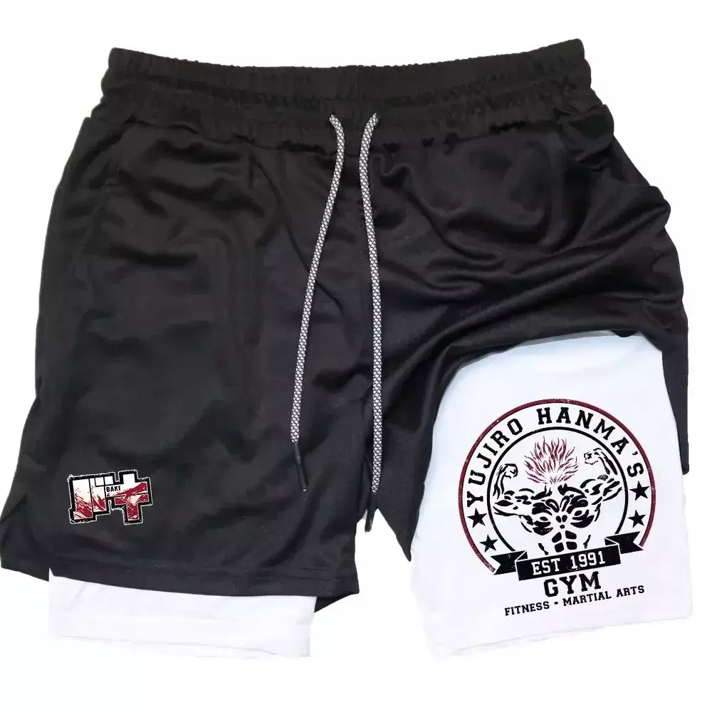 Masculino Anime 2 em 1 Calções Esportivos, Calções de Compressão Atlético Calças de Treino Fitness Running Sportwear, Desempenho Ginásio