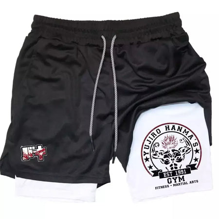 Masculino Anime 2 em 1 Calções Esportivos, Calções de Compressão Atlético Calças de Treino Fitness Running Sportwear, Desempenho Ginásio