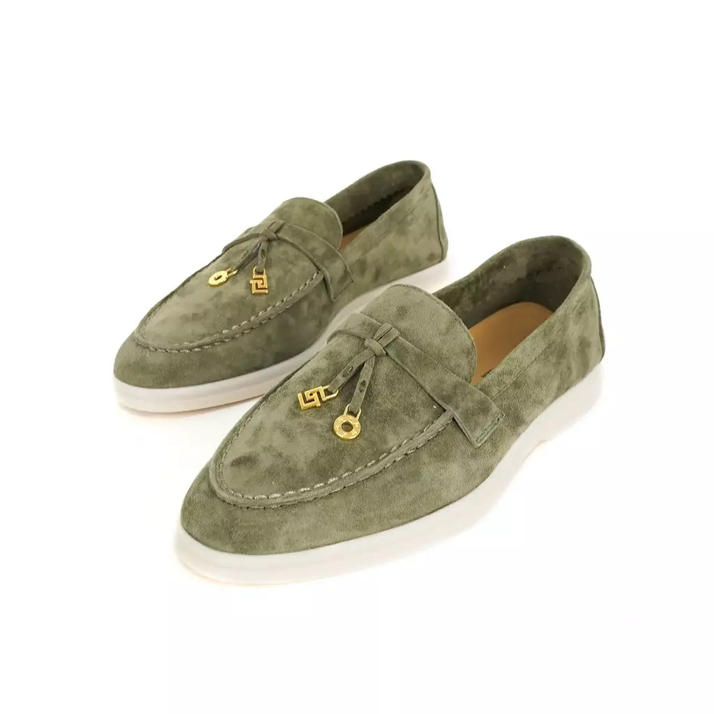 Sapatos de mula de camurça antiderrapante para mulheres, sapatos para dirigir, pingente de metal, marca de luxo, moda casual confortável, Le Fu