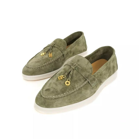Sapatos de mula de camurça antiderrapante para mulheres, sapatos para dirigir, pingente de metal, marca de luxo, moda casual confortável, Le Fu