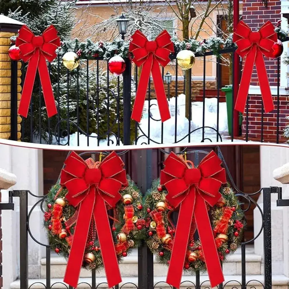 Laços de natal vermelhos decorações ao ar livre grande árvore de natal arco superior grinalda de veludo com glitter borda dourada decoração da porta da frente