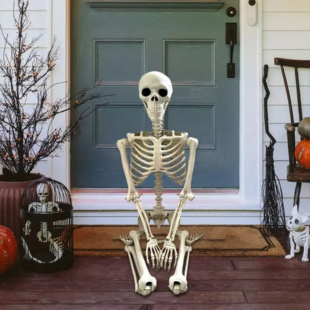 Esqueleto de halloween em tamanho real, esqueleto humano com articulações posáveis, resistente às intempéries, decoração de jardim, adereços fotográficos assustadores para feriados