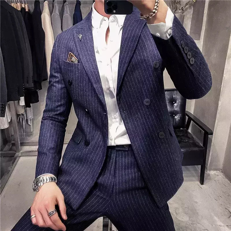 (Blazer + calças) high-end marca formal negócios xadrez terno dos homens noivo vestido de casamento cor sólida palco desempenho smoking S-7XL