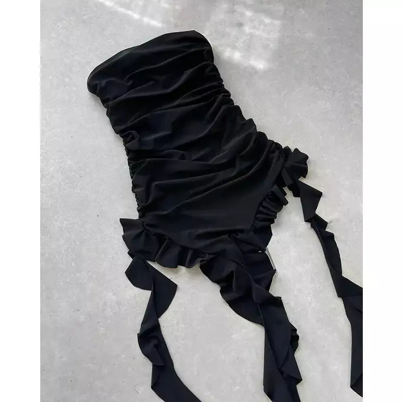 Mulheres sem alças sexy floral dobra hemline alta fenda mini vestido 2024 sólido sem costas sem mangas preto e rosa vestido de festa