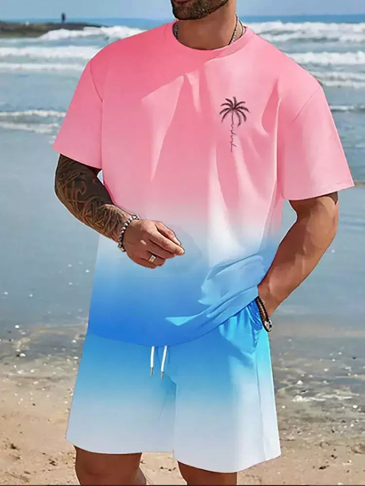 Camiseta de praia havaiana masculina, conjunto de 2 peças, manga curta, estampa palmeira, decote em O, moda exterior, casual, verão