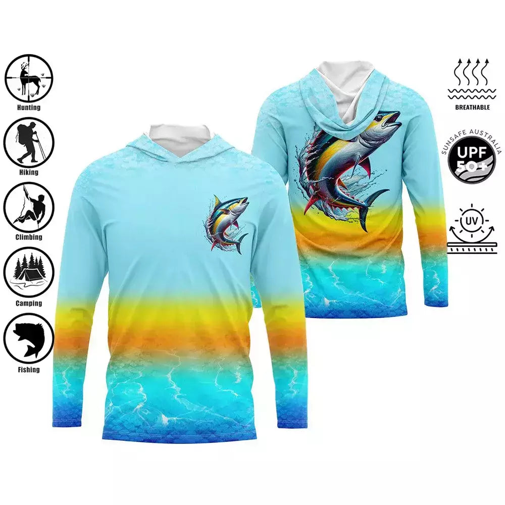 Camisa de pesca com capuz, camisa de pesca com capuz, proteção uv, padrão de moda ao ar livre, estampa de umidade, homem, vestuário de pesca