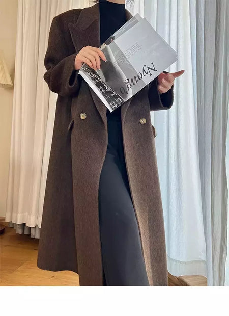 Casaco de alpaca de lã feminino, jaquetas de lã, trespassado duplo, gola de terno, solto, Casacos longos, senhora do escritório, outono, inverno, 2022