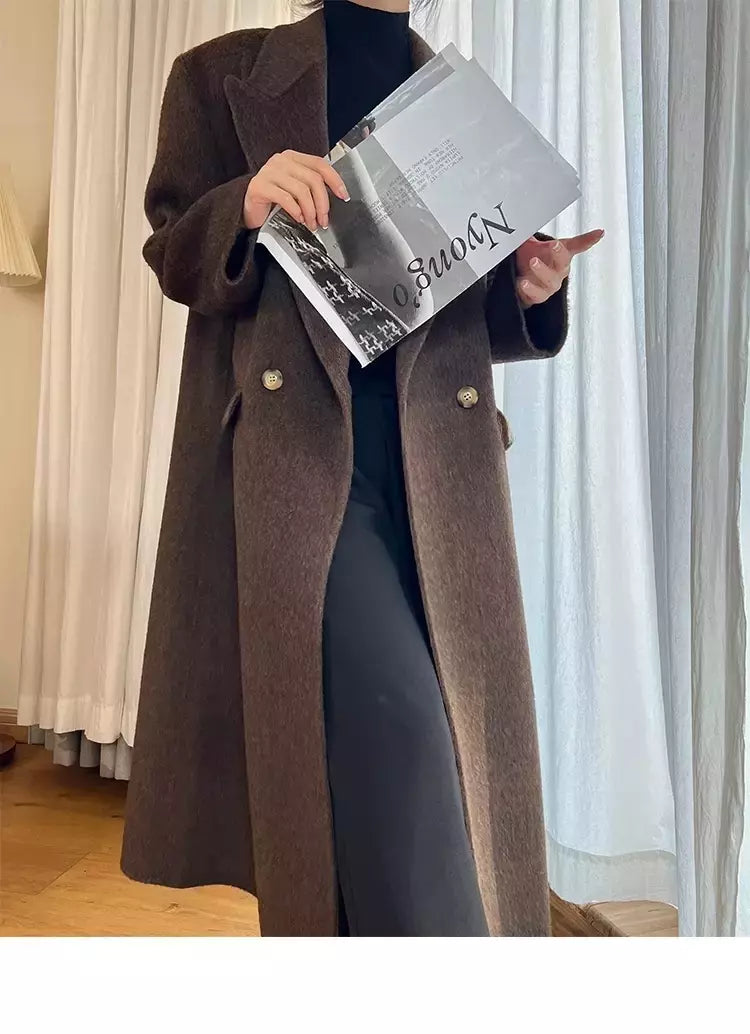 Casaco de alpaca de lã feminino, jaquetas de lã, trespassado duplo, gola de terno, solto, Casacos longos, senhora do escritório, outono, inverno, 2022
