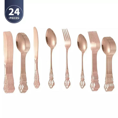 Conjunto de talheres de aço inoxidável dourado, colher europeia real, garfo, talheres completos, design retrô, seguro para máquina de lavar louça, talheres elegantes