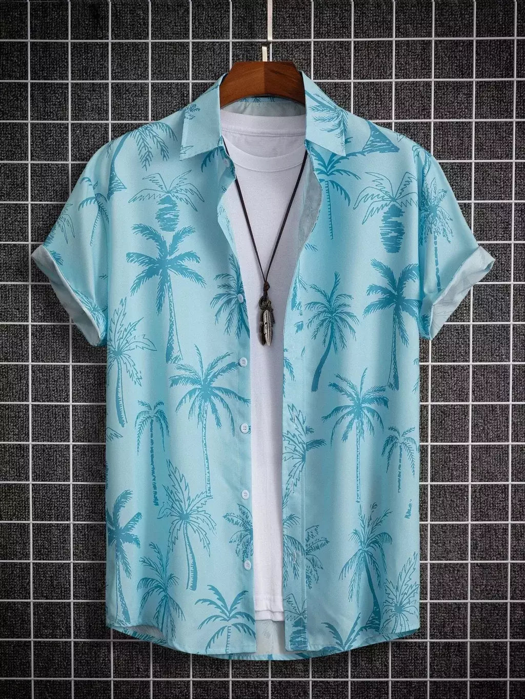 Camisa de lapela masculina de manga curta, estilo havaiano, padrão tropical de coqueiro, tops grandes, férias de verão