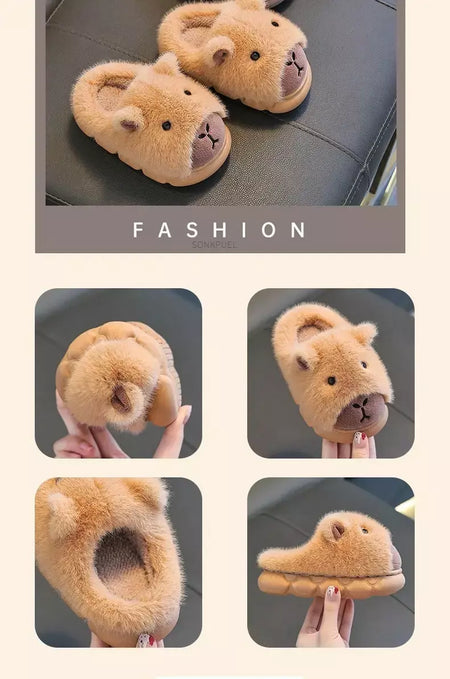 Capivara crianças chinelos 2025 inverno novo bonito fofo algodão sapatos de chão mulher quente interior dos desenhos animados piso de pelúcia casa chinelos