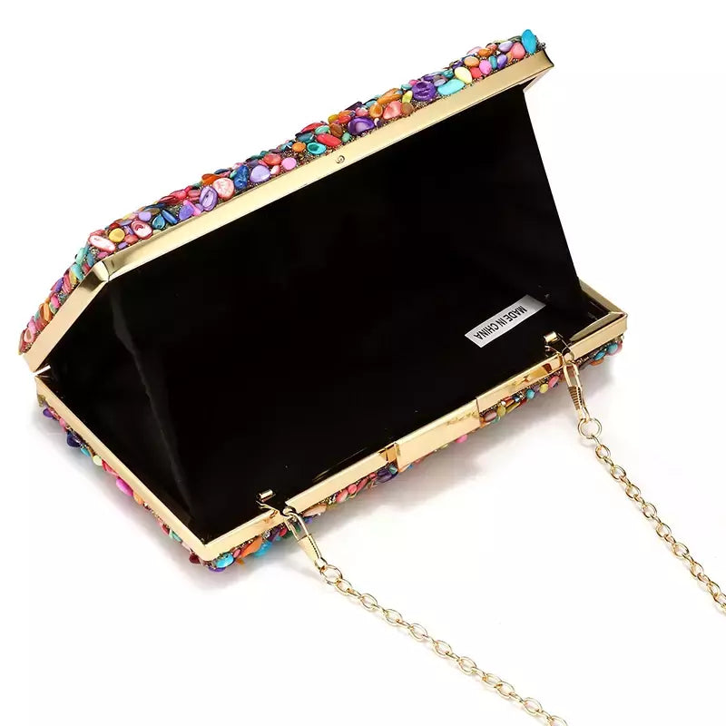 Bolsa acrílica com fecho interligado para menina, bolsa do casamento, pedra multicolorida, corrente de metal, crossbody, ombro, noite, difícil