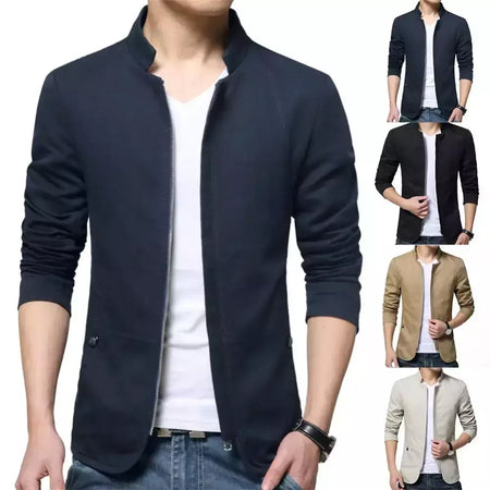 Blazer casual masculino com gola de suporte, jaqueta de negócios elegante, casaco monocromático com bolsos de zíper fino e fino, primavera e outono