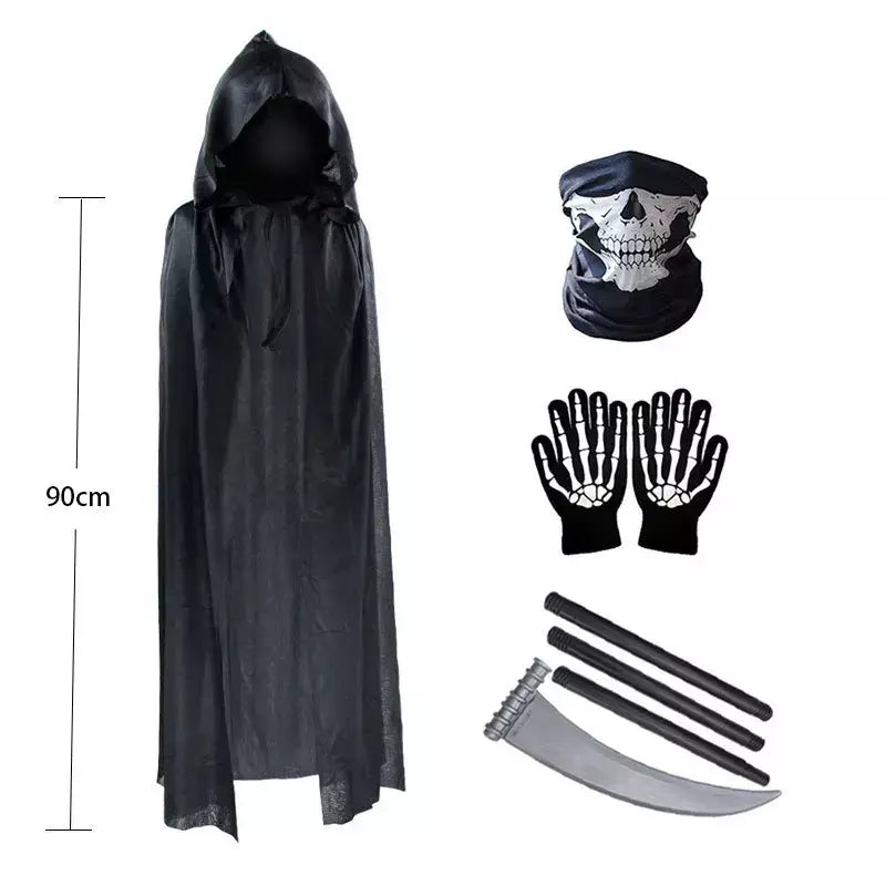 Terror ponto festa de halloween cosplay crianças adulto morte capa preta, halloween morte crânio esqueleto bola traje prop conjunto