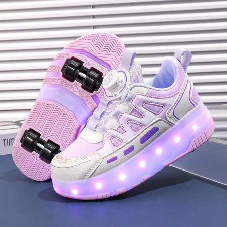 Crianças quatro rodas luminosa brilhante tênis preto rosa led luz rolo sapatos de skate crianças sapatos led meninos meninas carregamento usb