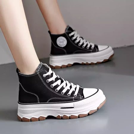 Tênis casual de cano alto para mulheres, com cordões, lona de altura da plataforma, antiderrapante, resistente ao desgaste, sapatos femininos vulcanizados, primavera, 2024