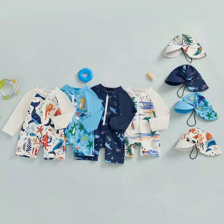 Maiô infantil de 0 a 5 anos, roupa de banho com estampa de tubarão, manga longa, meio zíper, com chapéu de sol, 2 peças, roupa de banho para crianças pequenas